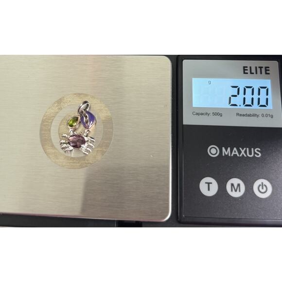 Sterling Rhodium Plated Peridot Pink Quartz Enamel Dungeness CRAB Small Charm 2G - Picture 5 of 5